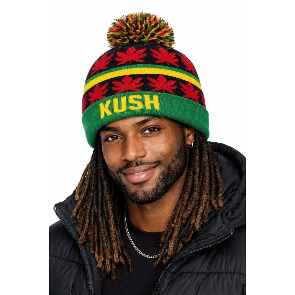 Kush Pom Pom Ski Beanie Weed Hat Cap Rasta Jamaican Yellow Red Green - One Size